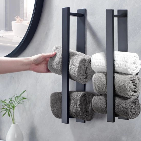 Kit di 2 Maniglie per Asciugamani Senza Foratura Nera Lucido Due Maniglie per Asciugamani per Bagno Maniglie per Asciugamani per Parete per Bagno in Acciaio Inossidabile Maniglie per Asciugamani per Bagno per Ospiti
