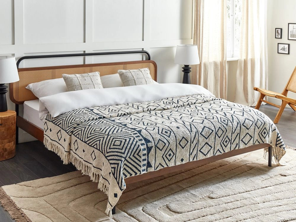 Plaid in cotone fatto a mano con motivo geometrico e nappe beige e blu marino 200 x 240 cm divano camera da letto soggiorno