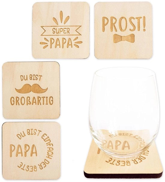 Papier Fiamma 4 sottopiani in legno e vetro con schienale in velluto e incisione Papa per il Papà - ideale regalo - disponibile in 4 diverse versioni - regalo per Papà