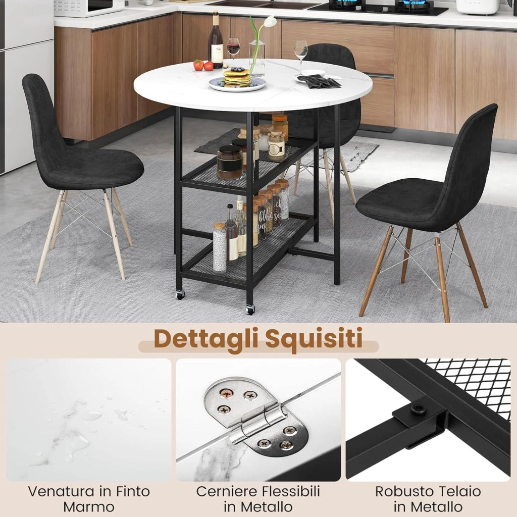Tavolo Pieghevole Salvaspazio 100 x 100 x 80 cm, Tavolo da Pranzo Estensibile per 2-4 Persone con 2 Mensole di Stoccaggio e Ruote Bloccabili per Soggiorno, Appartamento e Ufficio (Bianco)