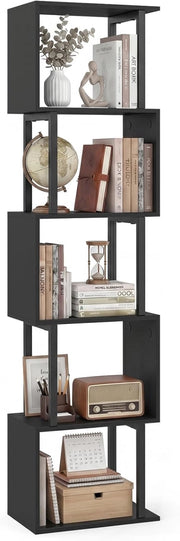 Libreria a 5 Livelli in Legno, Scaffale Espositore Geometrico con Struttura in Metallo, Mobile Portaoggetti Salvaspazio per Camera da Letto Soggiorno Ufficio, 38x23x147 cm (Nero)