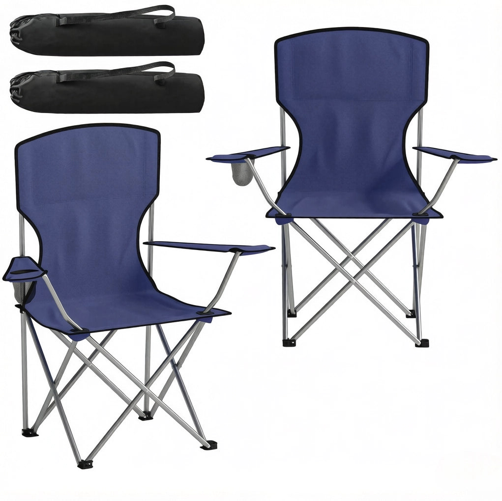 Set di 2 sedie da campeggio pieghevoli con portabicchiere; schienale alto; blu e grigio