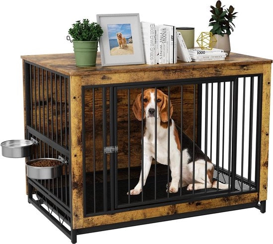 Bench per cani in legno - Scaletta sgonfiabile - Con 2 ciotole in acciaio inossidabile - 100 x 68 x 64 cm - Recinzione per cani - Adatto per cani fino a 31 kg