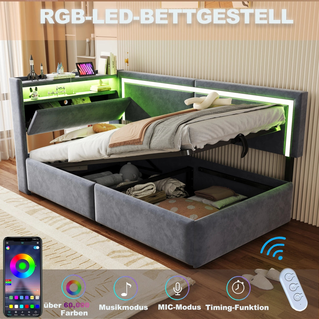 Divano letto imbottito con contenitore, testiera con ripiani, LED e USB, rete a doghe, in velluto grigio 90 × 200 cm