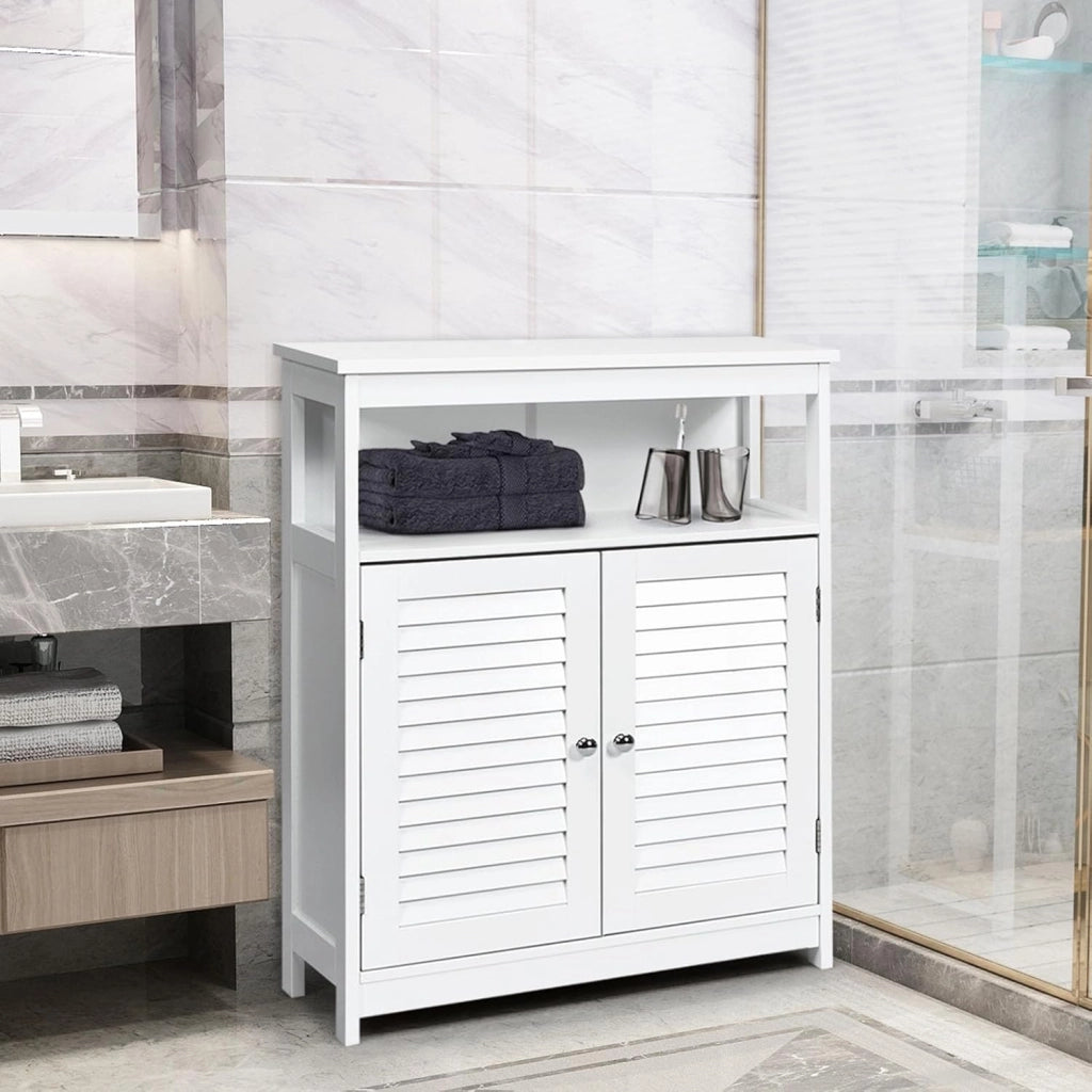 Armadietto del Bagno, Armadietto di Legno con Doppie Ante a Persiana e Mensola Regolabile, Armadio per Bagno Salone Camera da Letto (Bianco)