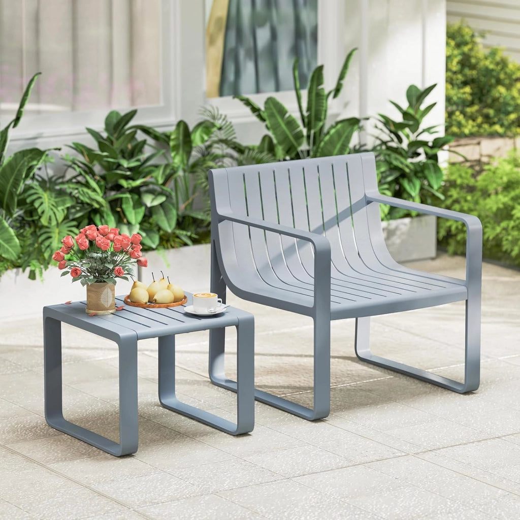 Set di Mobili da Giardino a 2 Pezzi, Poltrona e Tavolino da Giardino, Set da Bistro a Doghe per Patio, Sedia in PP e Tavolino da Caffè Quadrato, Portata 160 kg + 60 kg