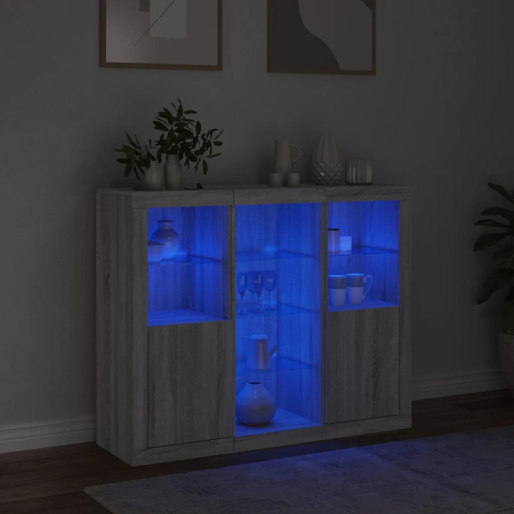 Credenze con Luci LED 3 pz | Madia | Buffet da pranzo | Armadio da pranzo Grigio Sonoma in Legno Multistrato