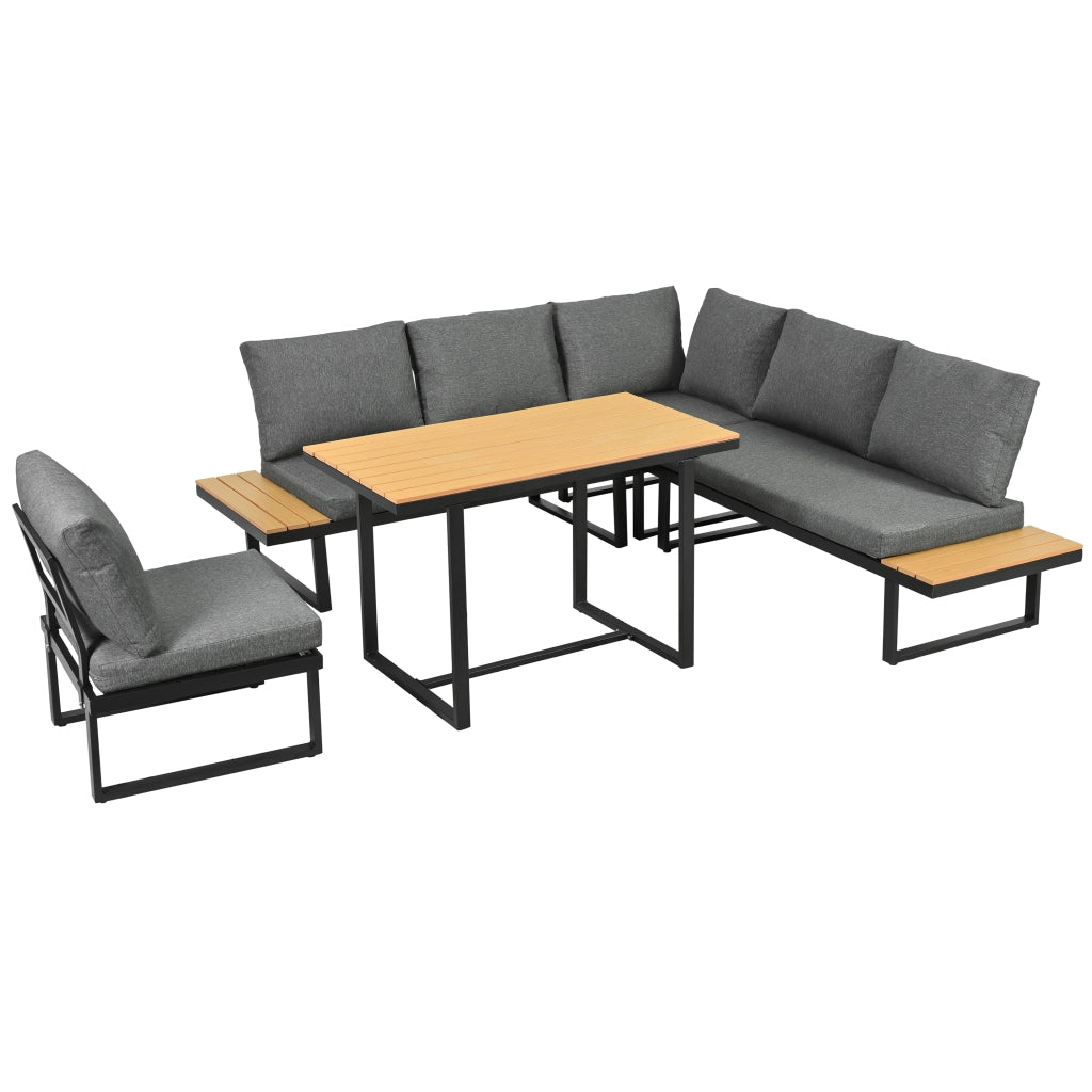 Set da Giardino con Tavolo e Divano Angolare ¨C MINIMAL ¨C Polyrattan Grigio/Nero, Acciaio
