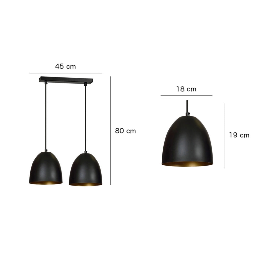 Lampadario 2 Luci Vigore In Acciaio Nero Con Cupole In Nero E Oro
