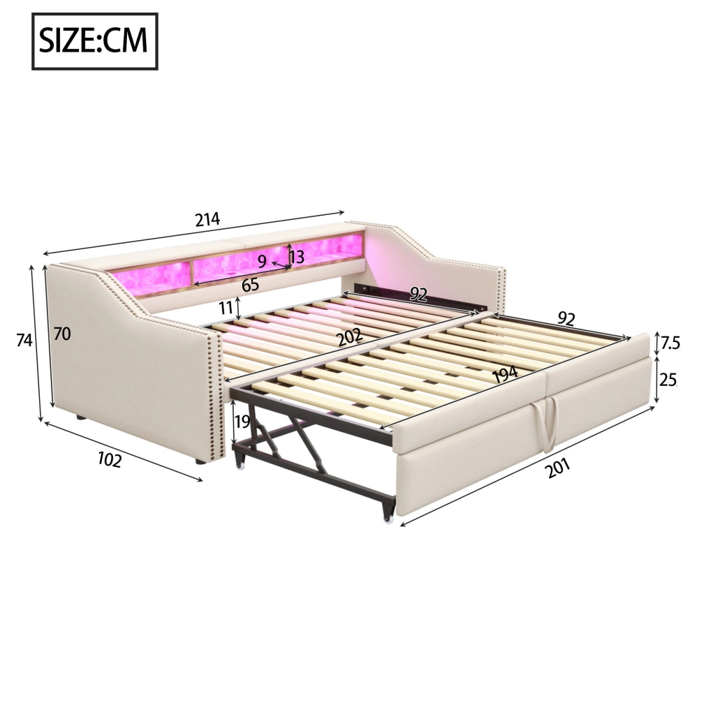 Letto imbottito estraibile 90/180 x 200 cm con LED; USB; contenitore laterale e 2 materassi beige