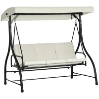 Dondolo Letto da Giardino 3 Posti con Tettuccio Regolabile, in Acciaio e Poliestere, 195x117x175 cm, Crema e Nero