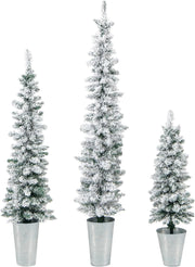 Set di 3 Alberi di Natale Artificiali da 90 CM + 120 CM + 150 CM | Alberi di Natale Slim Innevati con 120 + 140 + 160 Punte di Rami e Barili di Metallo Riempiti di Cemento
