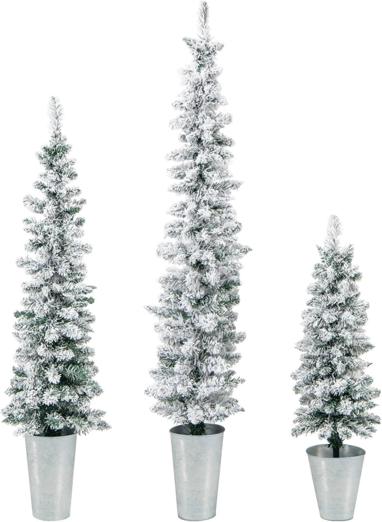 Set di 3 Alberi di Natale Artificiali da 90 CM + 120 CM + 150 CM | Alberi di Natale Slim Innevati con 120 + 140 + 160 Punte di Rami e Barili di Metallo Riempiti di Cemento