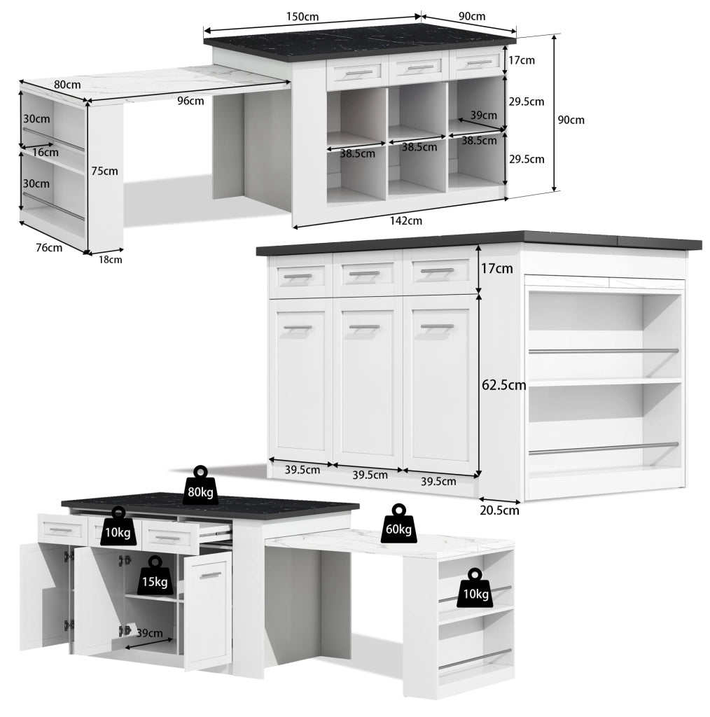 Isola cucina con tavolo estraibile e contenitori, 150x90 cm