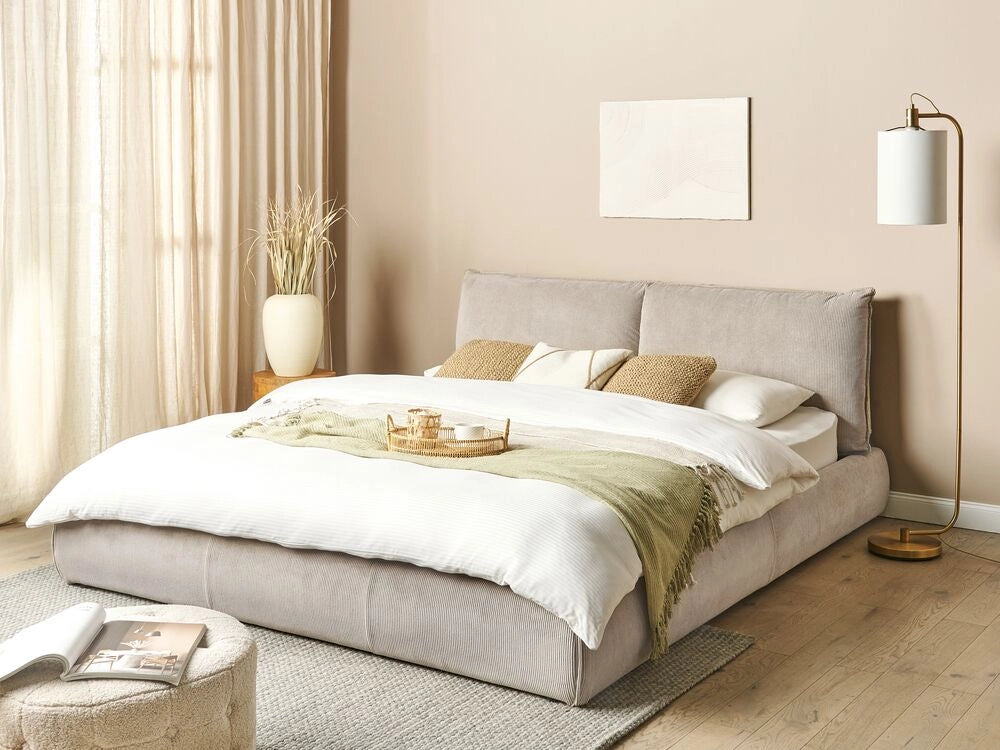 Letto matrimoniale velluto a coste tortora con base a doghe e testiera imbottita 180x200 cm stile classico camera da letto