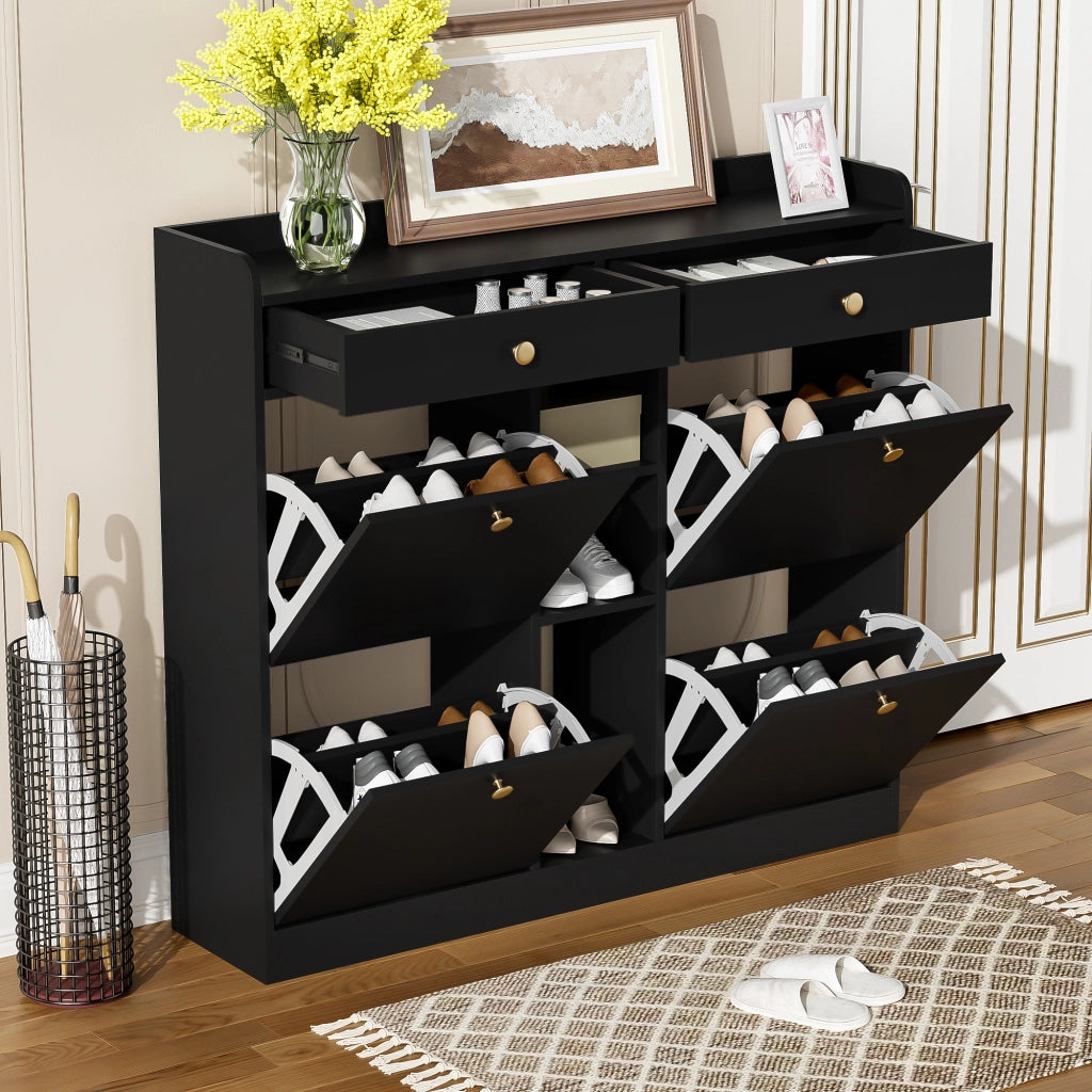 Mobile Scarpiera con 4 Ante a Ribalta; 2 Cassetti e 3 Vani a Giorno; Stile Minimalista; in Pannello truciolare; Nero; 110×26×100 cm