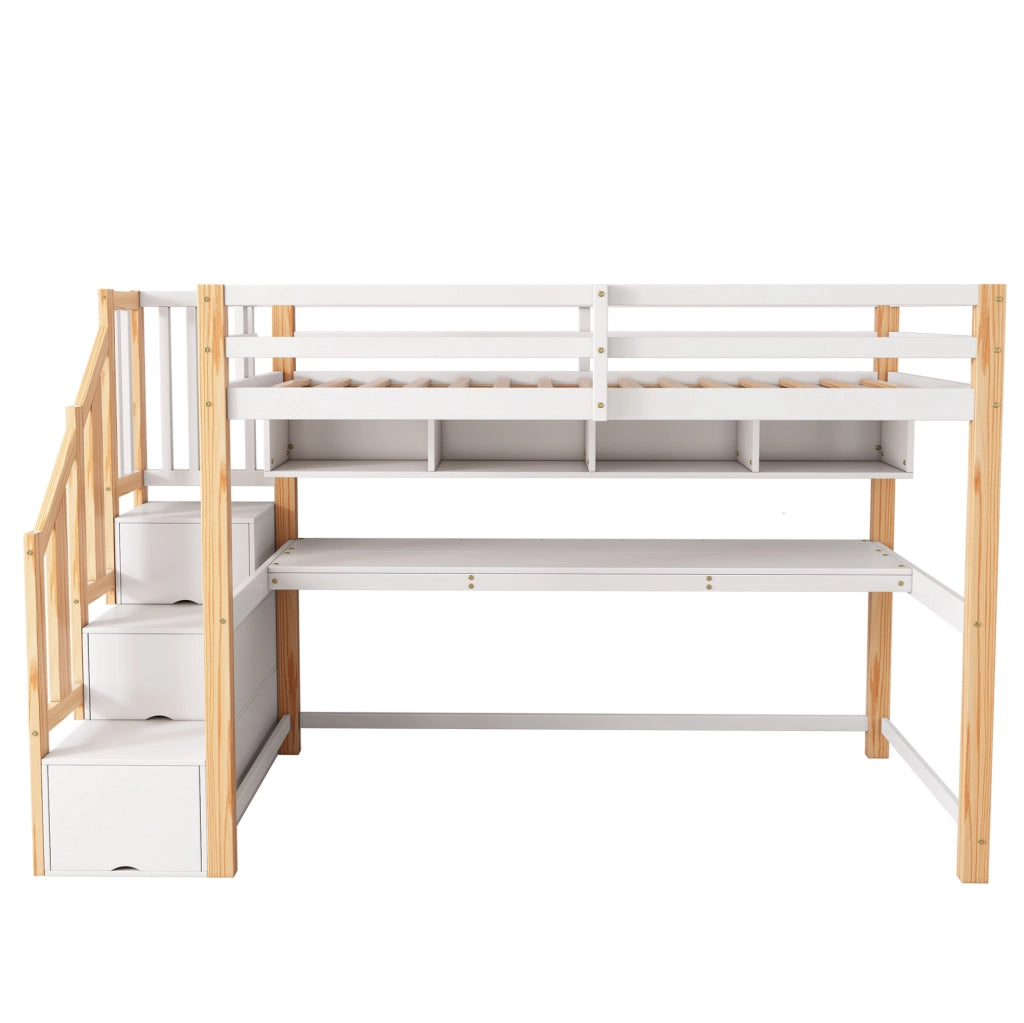 Letto a soppalco per bambini 90x200 cm con scrivania integrata e scala contenitore; bianco e rovere