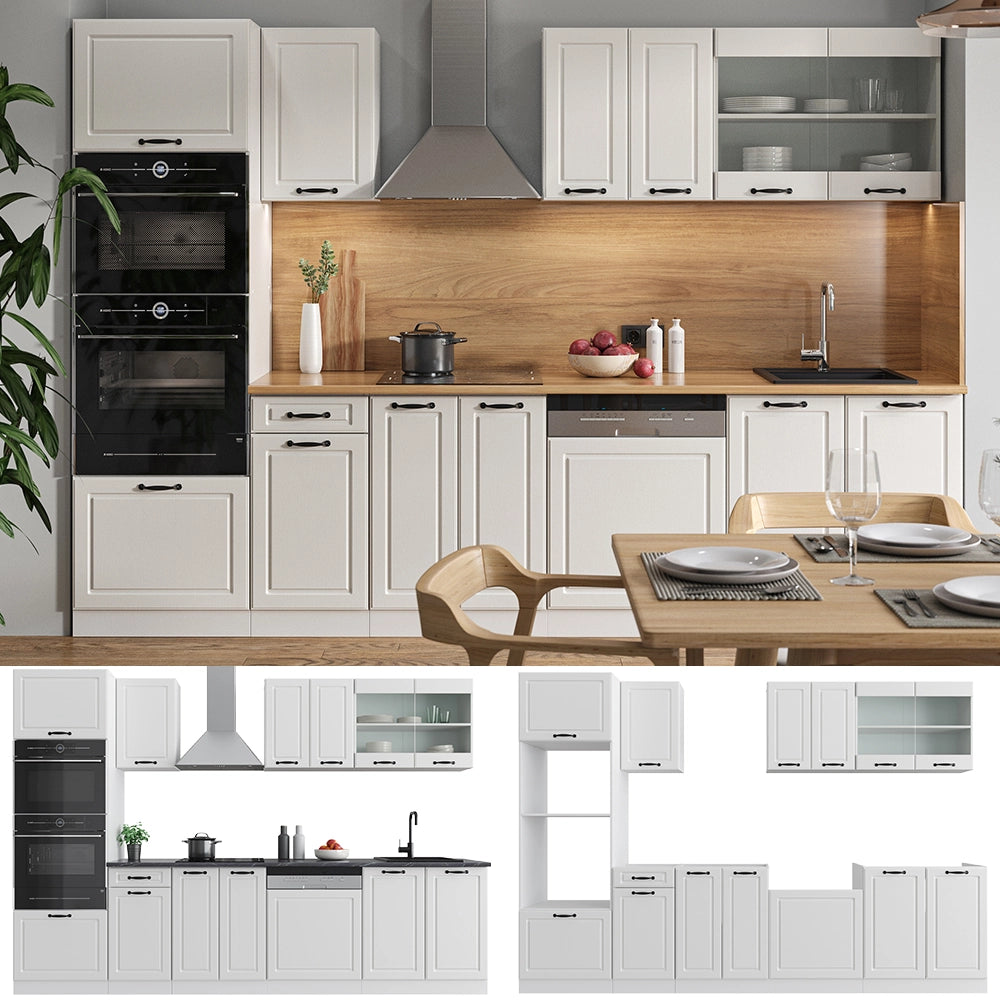 Vicco Cucina componibile Casa di campagna bianca/bianco 300 cm con armadio alto, PL Antracite