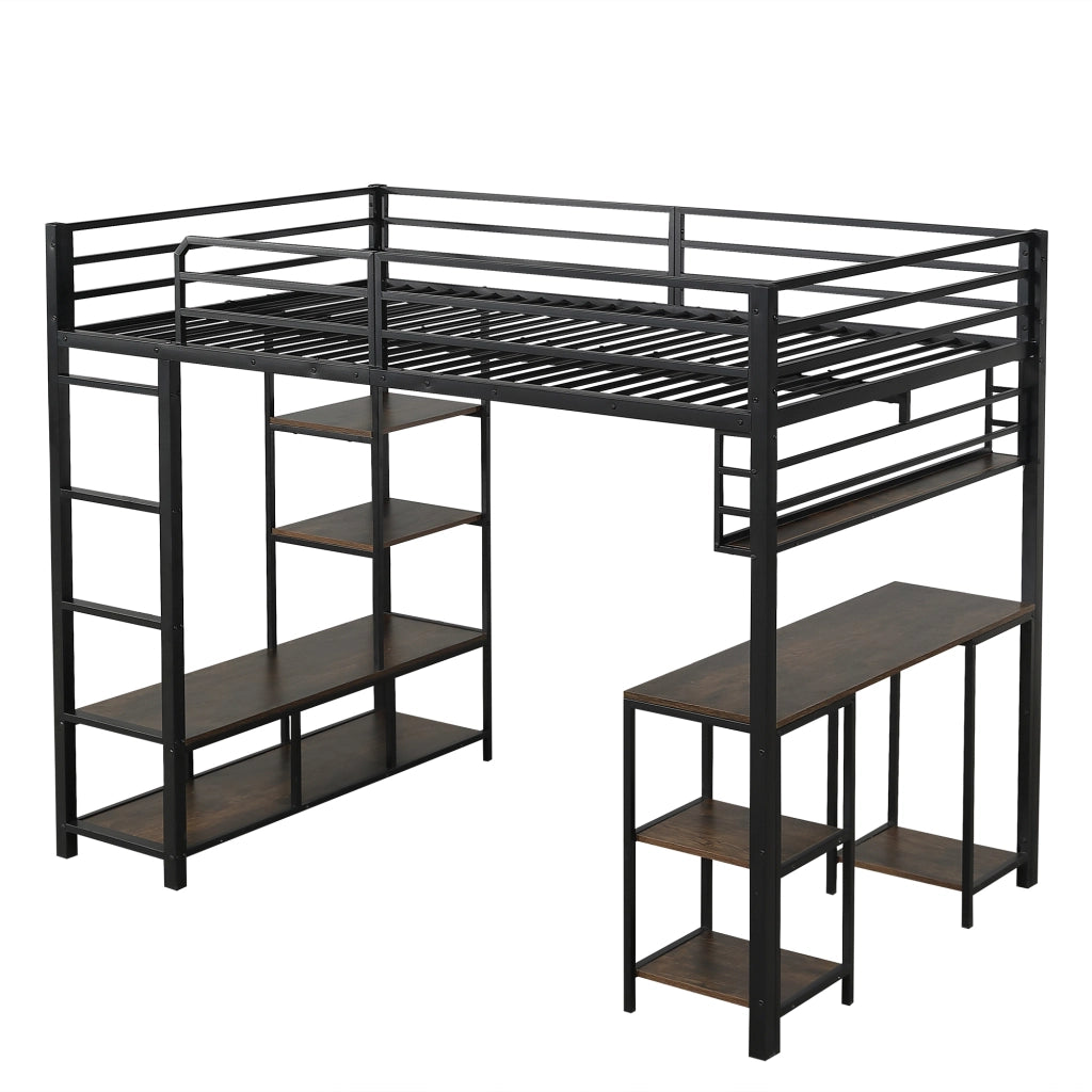 OKWISH Letto a soppalco 120×200 cm, Letto Singolo con Scrivania Integrata, Mensola e Scala a 4 Gradini, senza Materasso, Metallo e Legno, Nero