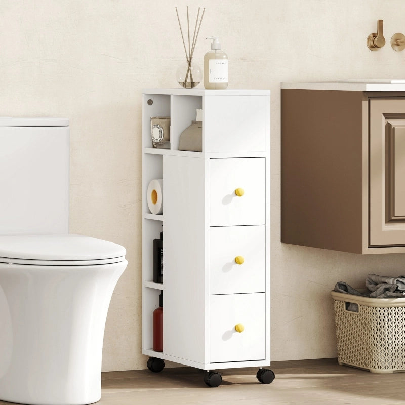 Mobiletto bagno stretto su ruote, 3 cassetti, 5 vani aperti, 20x40x80 cm, bianco