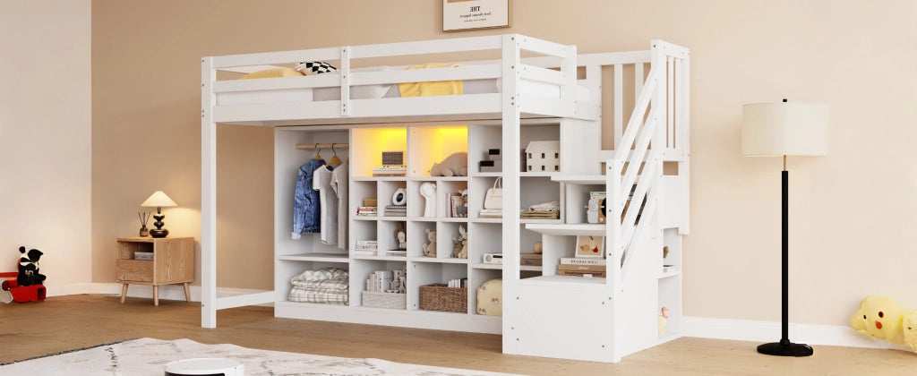 Letto mezzanino bianco 90 x 200 cm; armadietti; armadio; LED; scala laterale con ripostiglienza e struttura letto integrata