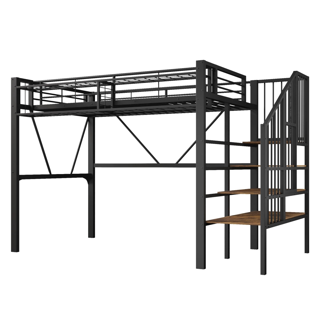 Letto a soppalco singolo 90×200 cm con ripiani a gradini; LED e vano aperto; senza materasso; metallo; nero