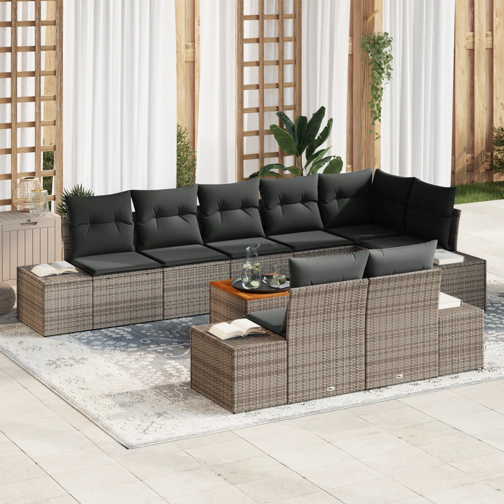 Set Divano da Giardino da 9 Pezzi con Cuscini Grigio Polyrattan Acacia