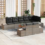 Set Divano da Giardino da 9 Pezzi con Cuscini Grigio Polyrattan Acacia