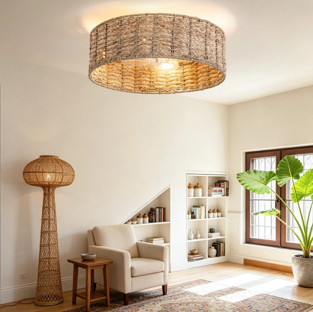 Ventilatore da soffitto con luce in rattan intrecciato; controllo App e telecomando; rame