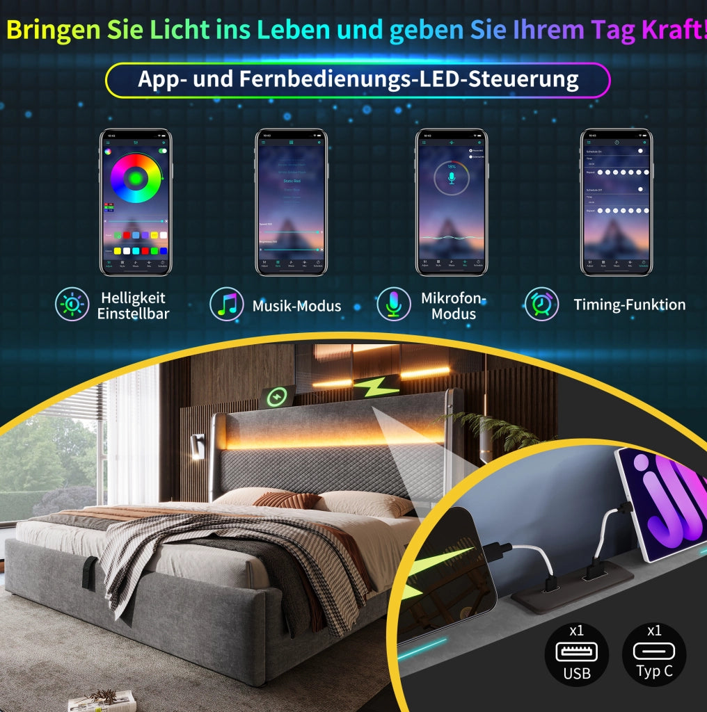 Letto matrimoniale con contenitore 140x200 cm in lino grigio con LED; USB; Type-C e materasso