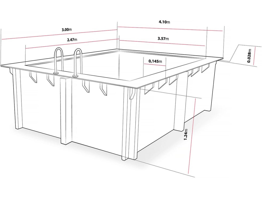 Piscina rettangolare in legno "Caimans" - 4,10 x 3,00 x 1,24 m + Mini pompa di calore 3,5kW - Metallo - Grigia