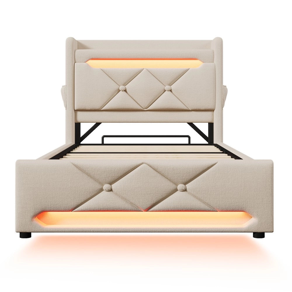 Letto Singolo Imbottito con Contenitore Idraulico e LED ¨C MINIMAL ¨C Beige, 90x200