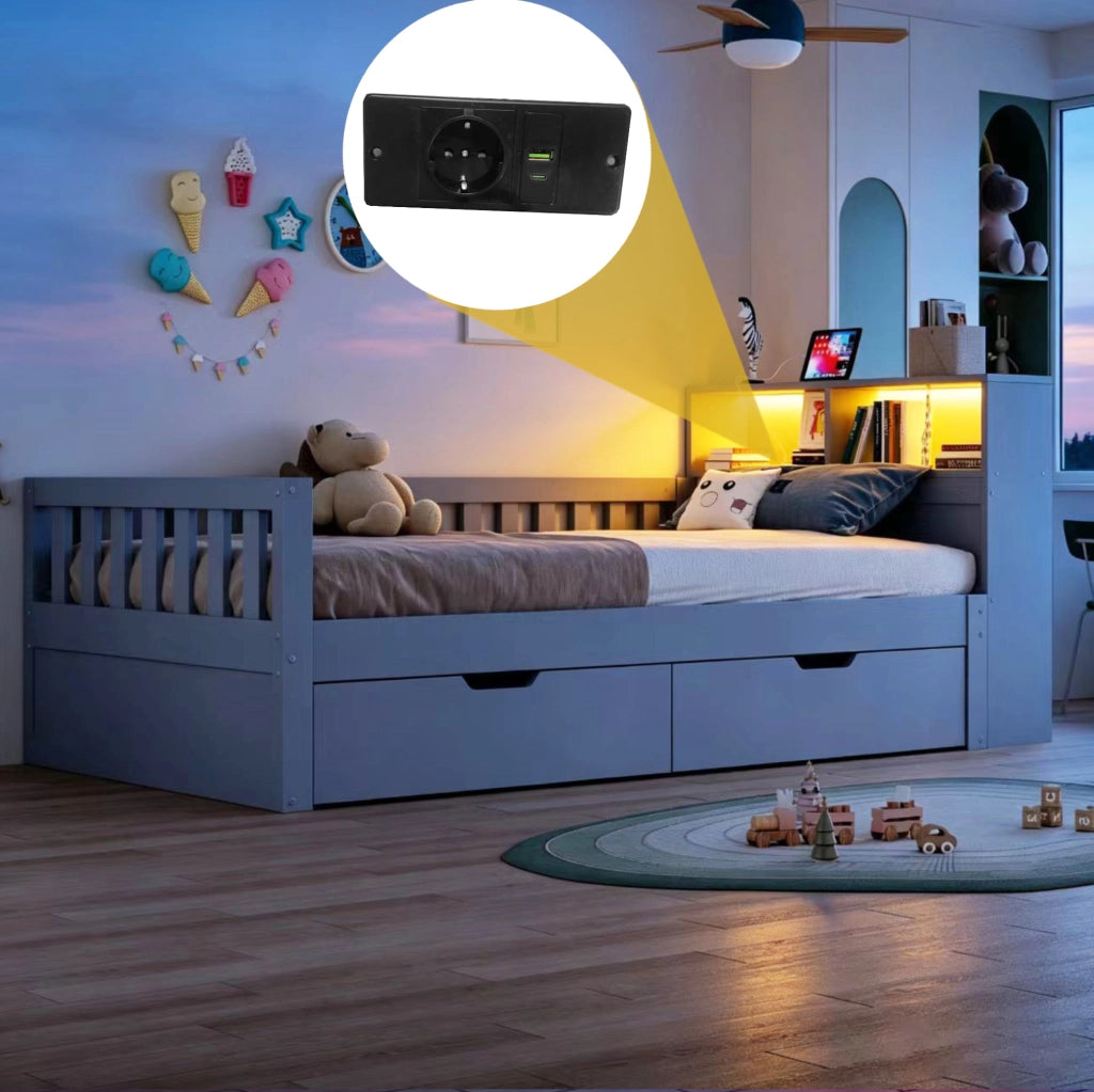 Letto singolo multifunzione 90x200 cm in legno grigio con cassetti; LED e prese USB