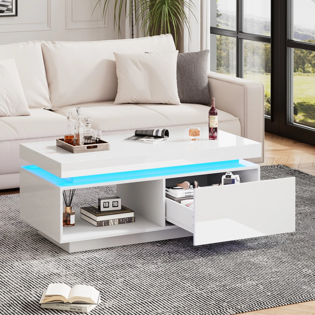 Tavolino da salotto 100x50x40;3 cm; lucido con LED e cassetto; truciolato bianco