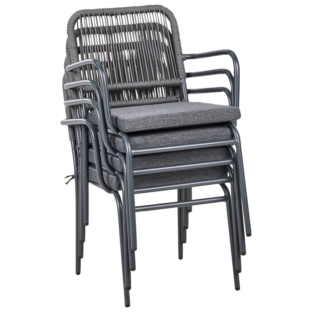 Set di 4 sedie da giardino in metallo alluminio impilabile verniciato a polvere per esterni con cuscini extra grigio