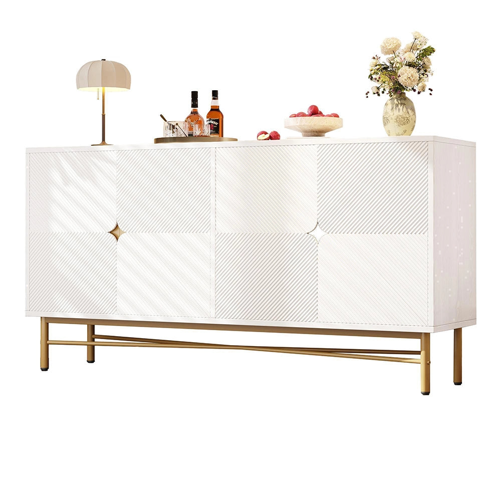 Credenza 160cm Texturizzata - Xylo - 4 Ante con Maniglie Oro, Colore Bianco