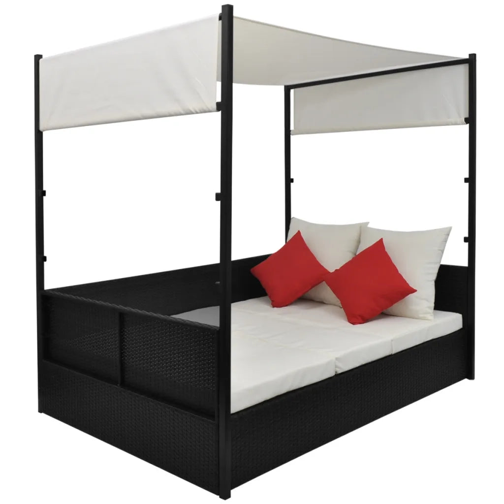 Lettino da Giardino con Tetto Nero 190x130 cm in Polyrattan 42901