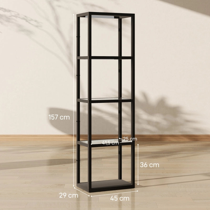 Lampada da terra LED nera con 4 ripiani in vetro e interruttore a pedale, 45x29x157 cm