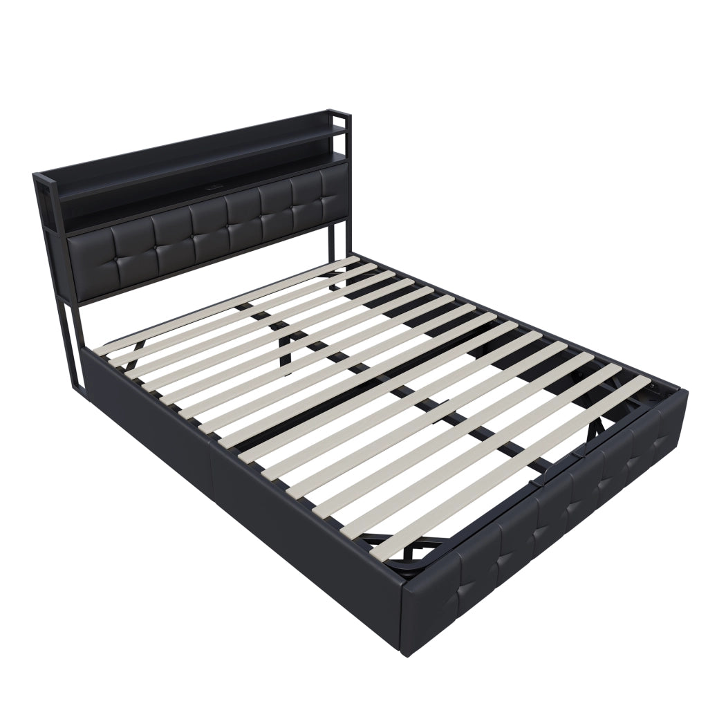 Letto 160x200 cm con ripiani e luci LED in pelle PU nera