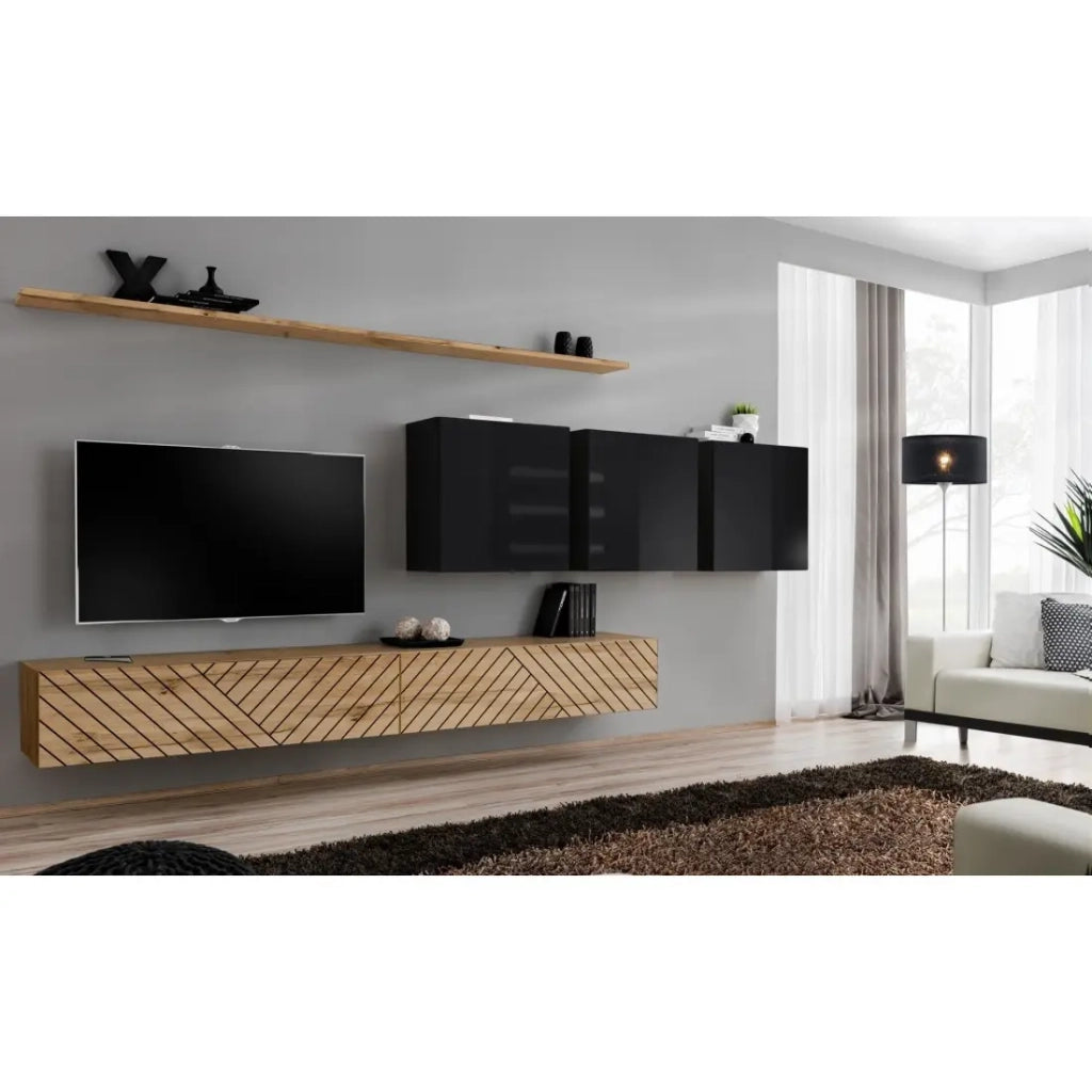 Set di mobili da soggiorno SWITCH VII – Rovere Wotan & Nero lucido – Design moderno – 340 cm