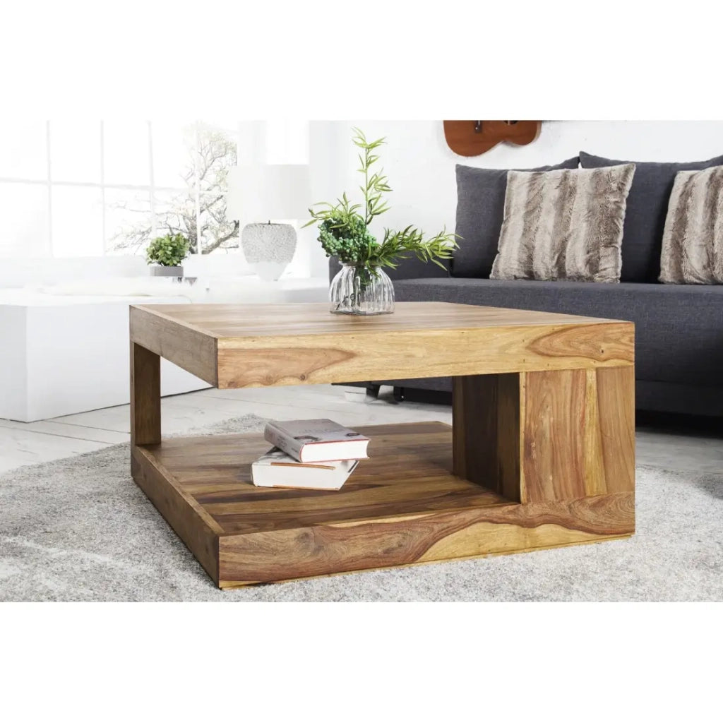Tavolino basso GRADI 80 cm in legno massiccio di Sheesham - Tavolino basso quadrato con contenitore