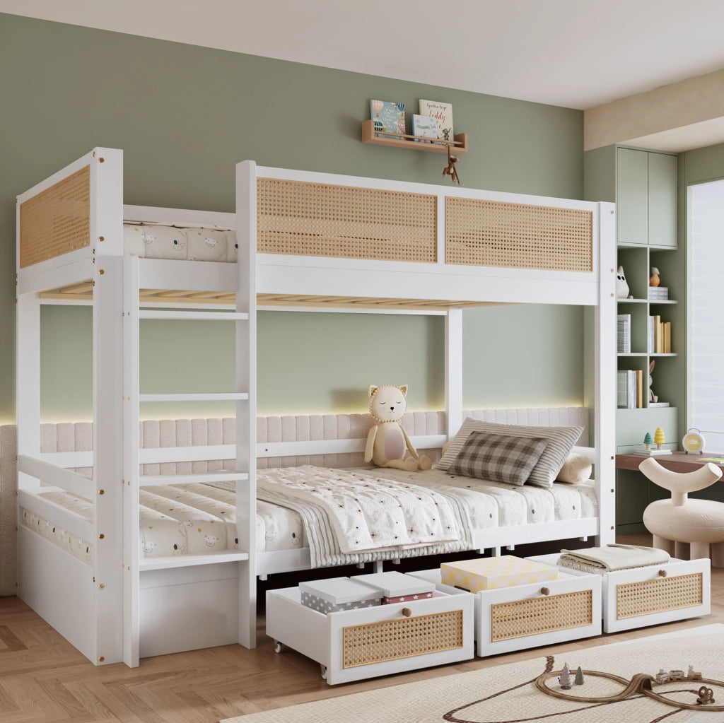 Letto a castello 90x200 cm con 3 cassetti e sponde di sicurezza; bianco e naturale