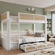 Letto a castello 90x200 cm con 3 cassetti e sponde di sicurezza; bianco e naturale