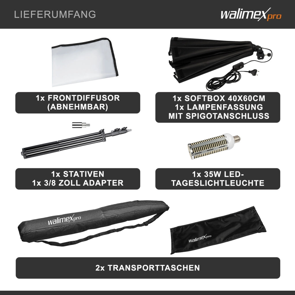 Set Softbox rettangolare 40 x 60 cm con LED 35 W Treppiede per luci FT-8051 fino a 260 cm, luce diurna 5000 K per studio foto set fotografico