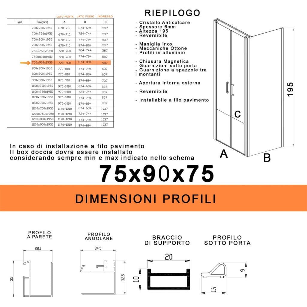 Box doccia saloon tre lati senza profili trasparente 6mm h195 dobla, misura 75x80x75