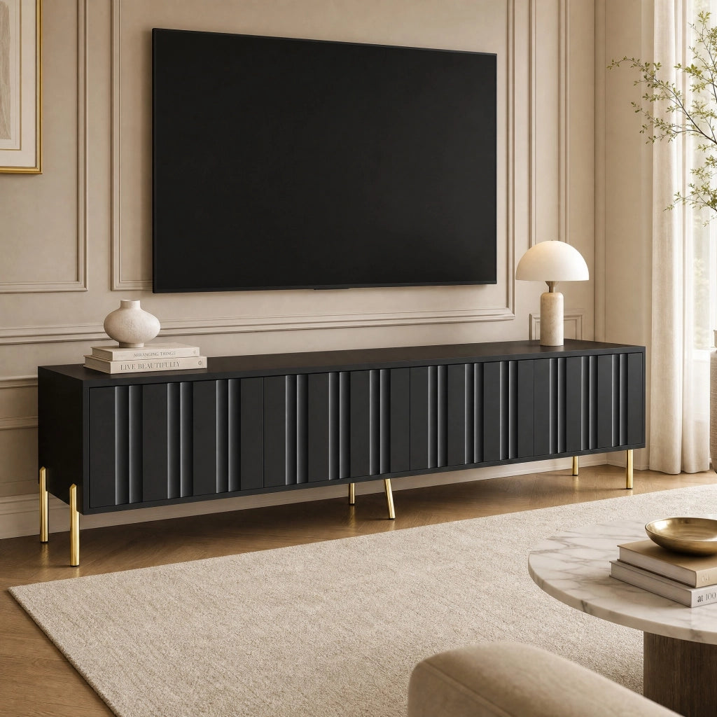 Mobile TV nero 190 cm con 4 ante, ripiani interni e piedini dorati