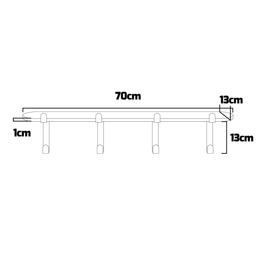 Ebisa - Appendiabiti da parete con 4 ganci in metallo e mensola in legno da 70x13 cm