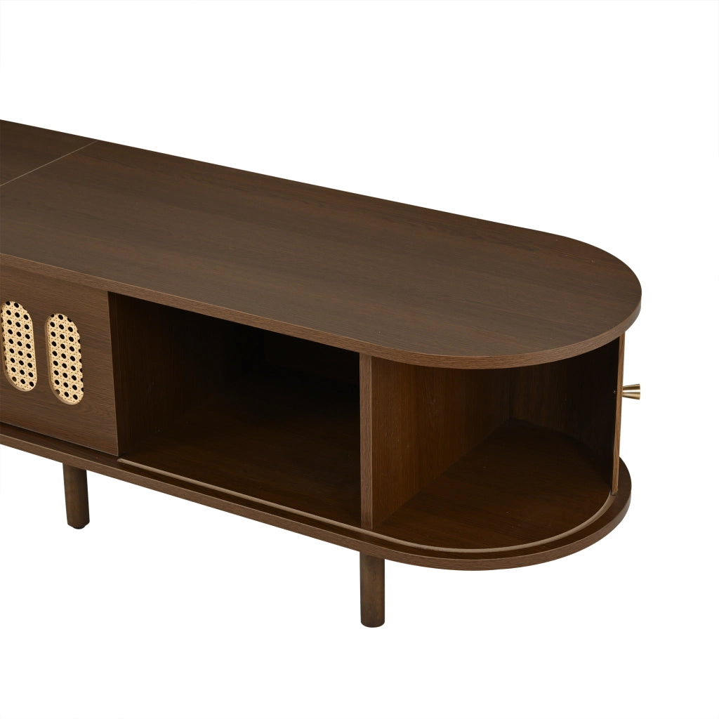 Mobile porta TV con 1 anta a ribalta in rattan e 2 ante a serranda, 5 vani chiusi, per soggiorno, in MDF, noce, 180 × 40 × 40 cm