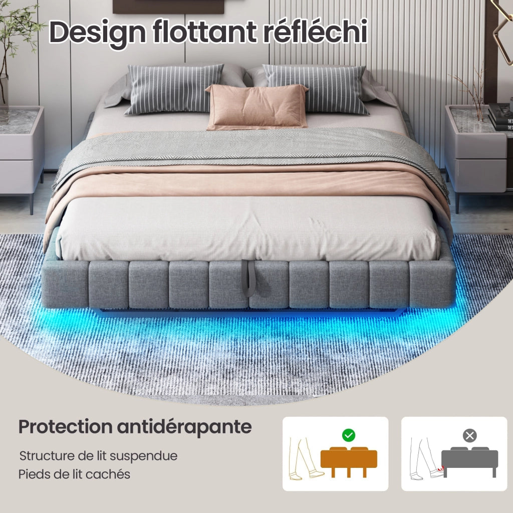 Letto Contenitore 180x200 cm con LED e scomparto nascosto in tessuto imbottito Grigio