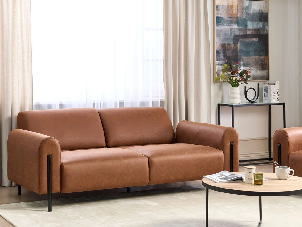 Divano 3 posti rivestito in tessuto marrone dorato schienale regolabile stile moderno